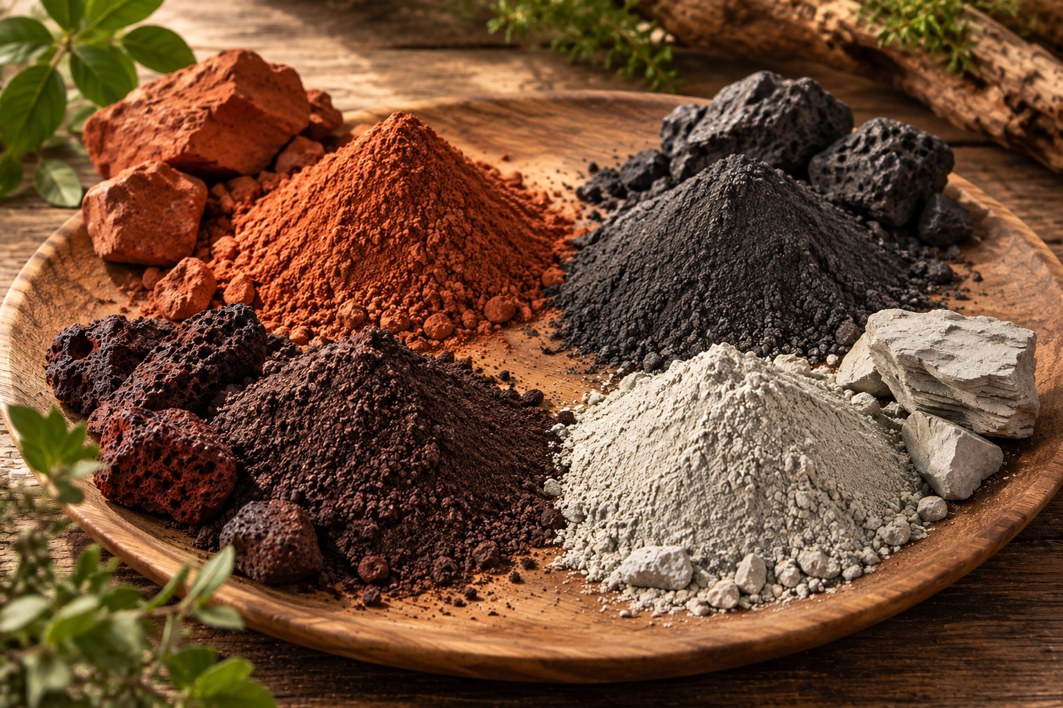 Verschiedene Steinmehle aus roter Tonerde, Basalt, Lava und Bentonit